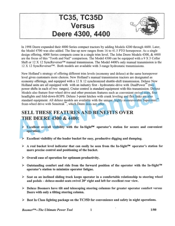 New Holland TC35, TC35D, TC40, TC40D, TC45, TC45D Competitive Comparison Product Manual 86613659 3 New Holland TC35, TC35D, TC40, TC40D, TC45, TC45D Competitive Comparison Product Manual 86613659-3