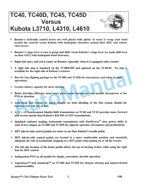 New Holland TC35, TC35D, TC40, TC40D, TC45, TC45D Competitive Comparison Product Manual 86613659 4 New Holland TC35, TC35D, TC40, TC40D, TC45, TC45D Competitive Comparison Product Manual 86613659-4