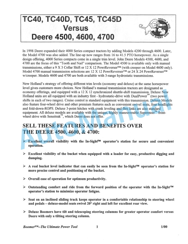 New Holland TC35, TC35D, TC40, TC40D, TC45, TC45D Competitive Comparison Product Manual 86613659 5 New Holland TC35, TC35D, TC40, TC40D, TC45, TC45D Competitive Comparison Product Manual 86613659-5