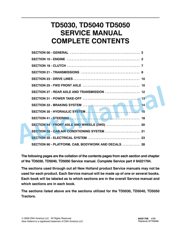 New Holland TD5030, TD5040, TD5050 Tractor Service Manual 84221704 1 New Holland TD5030, TD5040, TD5050 Tractor Service Manual 84221704