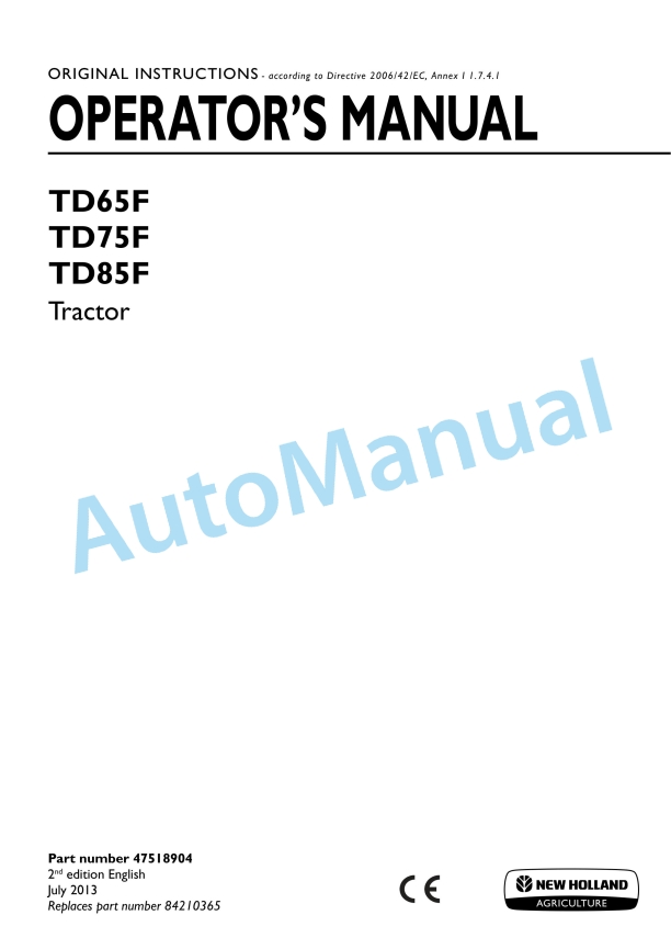 New Holland TD65F, TD75F, TD85F Tractor Operation and Maintenance Manual 47518904