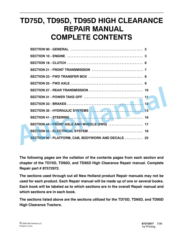 New Holland TD7D, TD95D, TD95D High Clearance Tractor Repair Manual 87572977 1 New Holland TD7D, TD95D, TD95D High Clearance Tractor Repair Manual 87572977