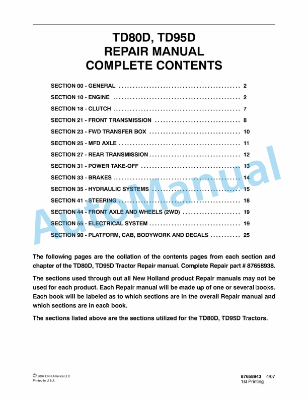 New Holland TD80D, TD95D Tractor Repair Manual 87658943 1 New Holland TD80D, TD95D Tractor Repair Manual 87658943