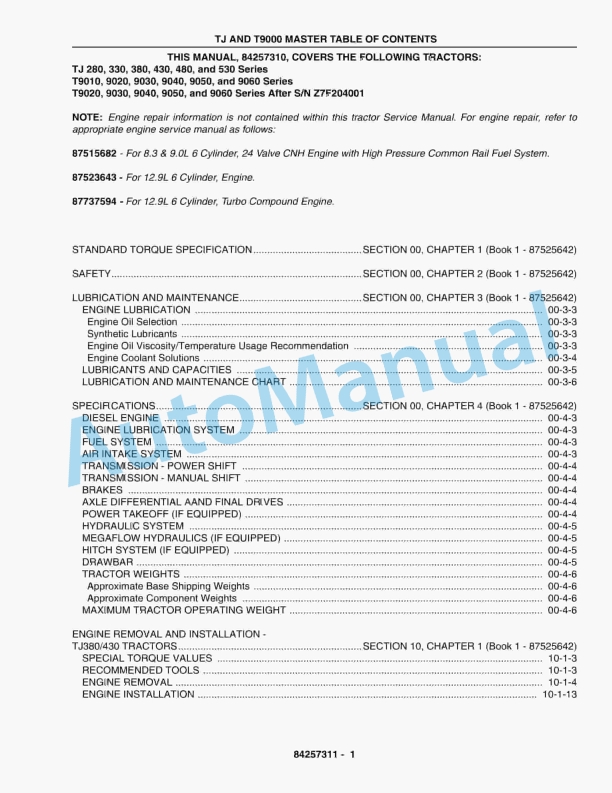 New Holland TJ Series, T9000 Series Tractor Service Manual 84257310 1 New Holland TJ Series, T9000 Series Tractor Service Manual 84257310