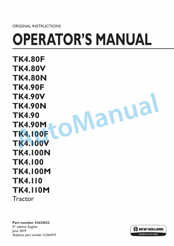 New Holland TK4.80F - TK4.110M Tractor Operation and Maintenance Manual 51634532