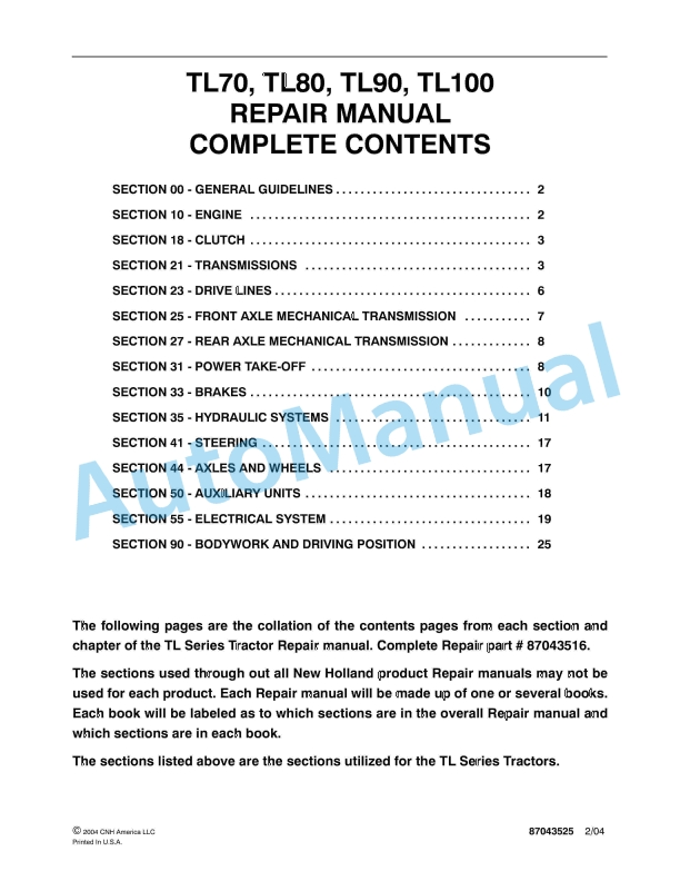 New Holland TL70, TL80, TL90, TL100 Tractor Repair Manual 87043525 1 New Holland TL70, TL80, TL90, TL100 Tractor Repair Manual 87043525
