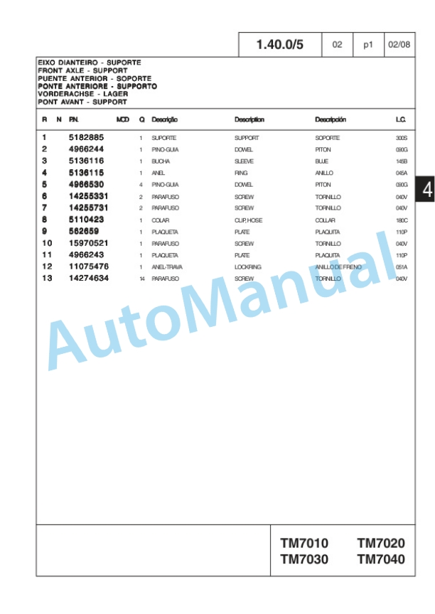 New Holland TM7010, TM7020, TM7030, TM7040 Tractor Service Parts Catalogue 73403944-3