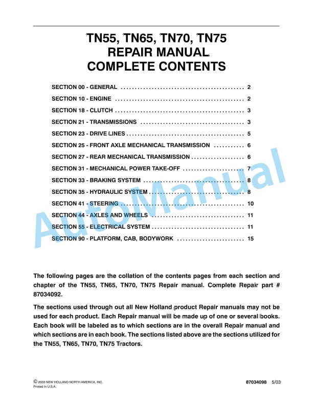 New Holland TN55, TN65, TN70, TN75 Tractor Repair Manual 87034098 1 New Holland TN55, TN65, TN70, TN75 Tractor Repair Manual 87034098