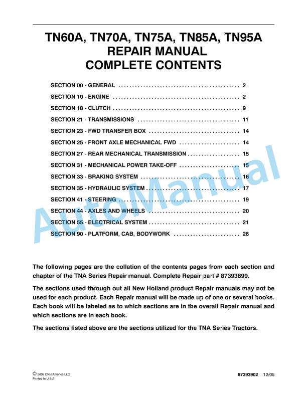 New Holland TN60A, TN70A, TN75A, TN85A, TN95A Tractor Repair Manual 87393902 1 New Holland TN60A, TN70A, TN75A, TN85A, TN95A Tractor Repair Manual 87393902