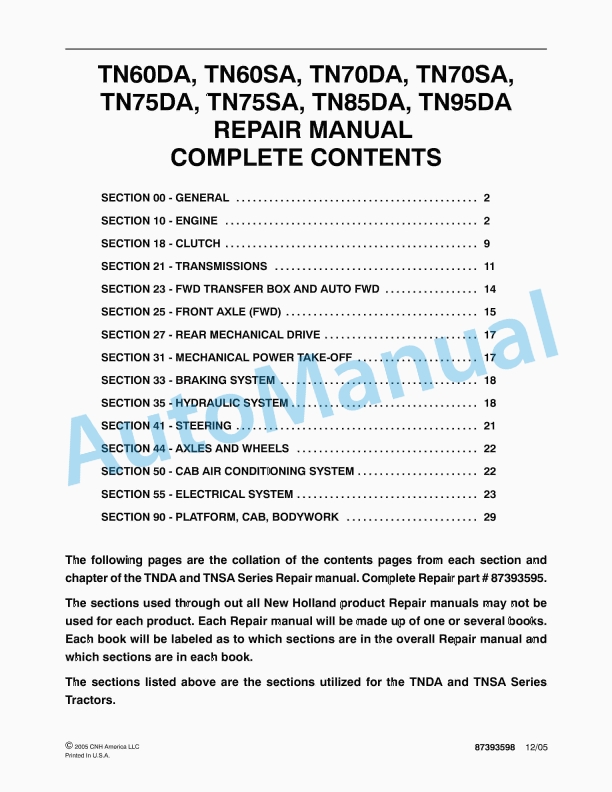 New Holland TN60DA, TN60SA, TN70DA, TN70SA, TN75DA, TN75SA, TN85DA, TN95DA Tractor Repair Manual 87393598 1 New Holland TN60DA, TN60SA, TN70DA, TN70SA, TN75DA, TN75SA, TN85DA, TN95DA Tractor Repair Manual 87393598