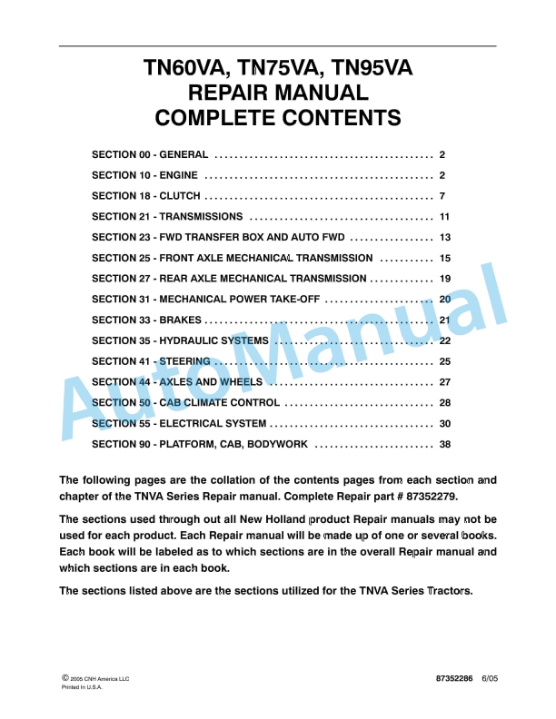 New Holland TN60VA, TN75VA, TN95VA Tractor Repair Manual 87352286 1 New Holland TN60VA, TN75VA, TN95VA Tractor Repair Manual 87352286