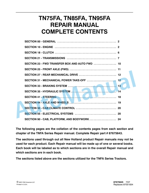 New Holland TN75FA, TN85FA, TN95FA Tractor Repair Manual 87675645 1 New Holland TN75FA, TN85FA, TN95FA Tractor Repair Manual 87675645