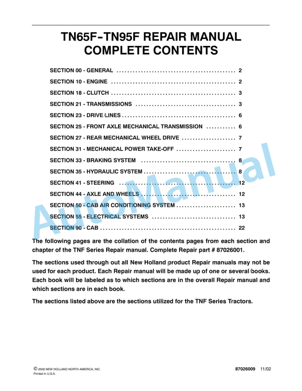New Holland TNF Series Tractor Repair Manual 87026009 1 New Holland TNF Series Tractor Repair Manual 87026009