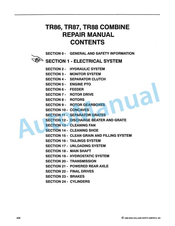 New Holland TR86, TR87, TR88 Combine Repair Manual 40008601 1 New Holland TR86, TR87, TR88 Combine Repair Manual 40008601