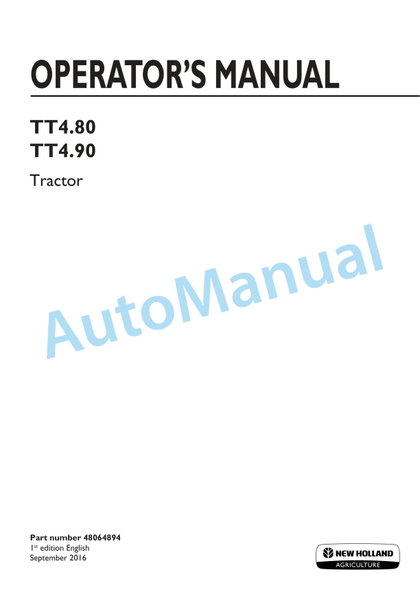 New Holland TT4.80, TT4.90 Tractor Operation and Maintenance Manual 48064894