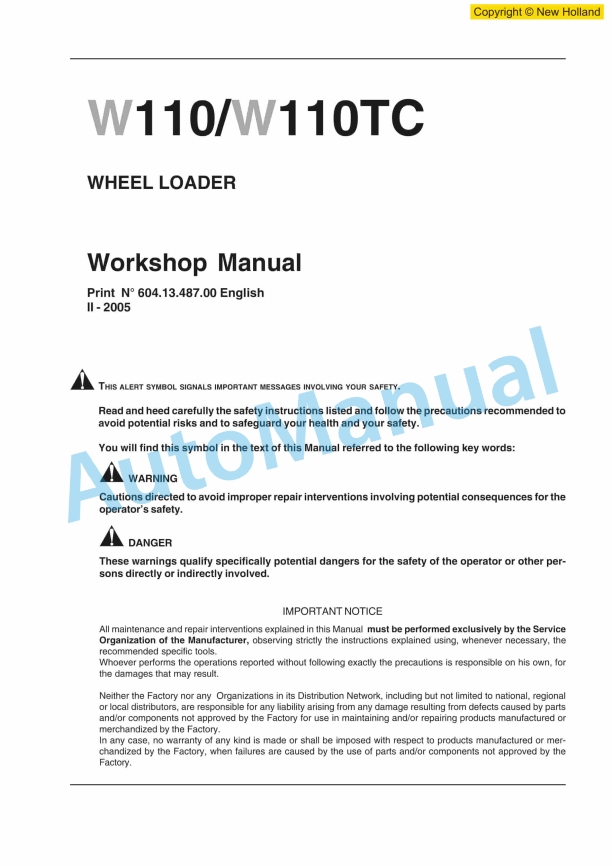 New Holland W110, W110TC Wheel Loader Workshop Manual 6041348700EN