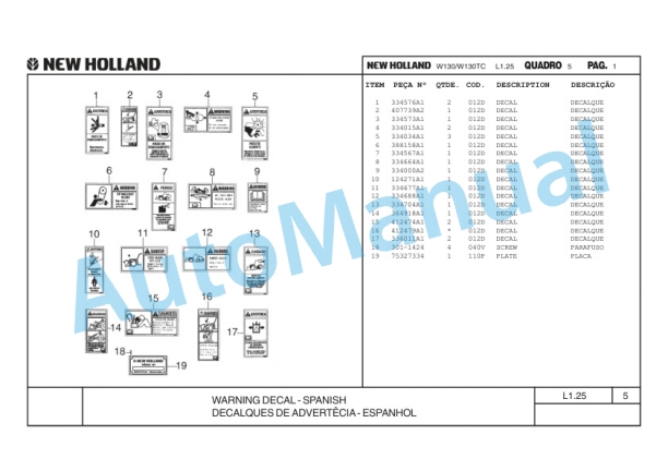 New Holland W130, W130TC Wheel Loader Parts Catalogue 75314330-1 BR 5 New Holland W130, W130TC Wheel Loader Parts Catalogue 75314330-1 BR-5