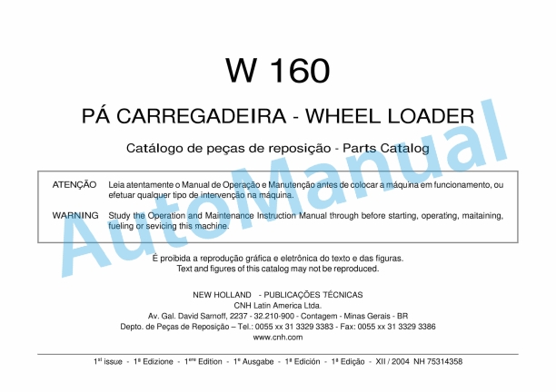 New Holland W160 Wheel Loader Parts Catalogue 75314358 BR