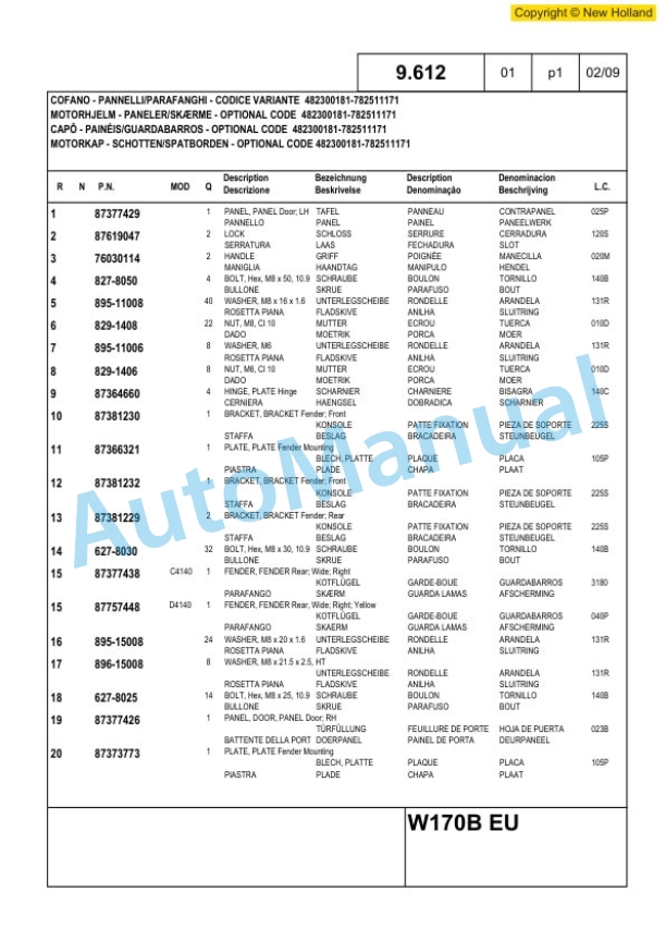 New Holland W170B Tier 3 Wheel Loader Service Parts Catalogue 6040435100 5 New Holland W170B Tier 3 Wheel Loader Service Parts Catalogue 6040435100-5