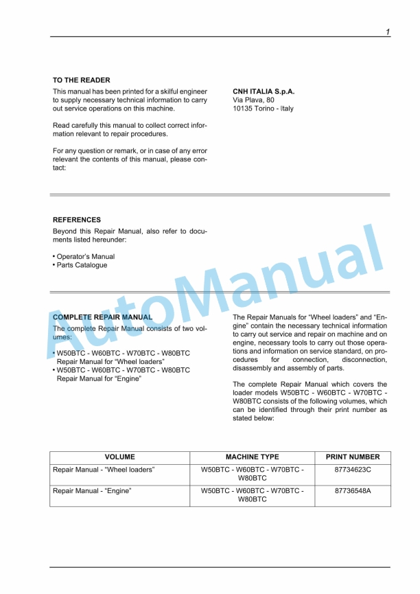 New Holland W50BTC, W60BTC, W70BTC, W80BTC Wheel Loader Repair Manual 87734623