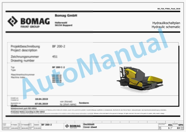 Bomag BF 200 C-2 S200 V US Stage 5 Asphalt Paver Electric, Hydraulic Schematics Diagram 821890091001 - 821890099999