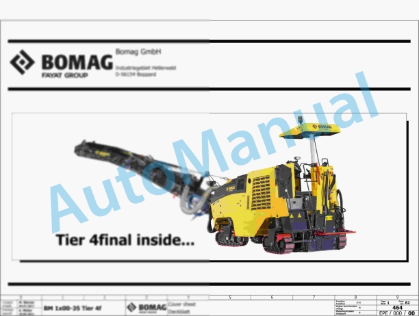 Bomag BM 1000-35 T4f Road Milling Machine Electric, Hydraulic Schematics Diagram 101883121001 - 101883129999