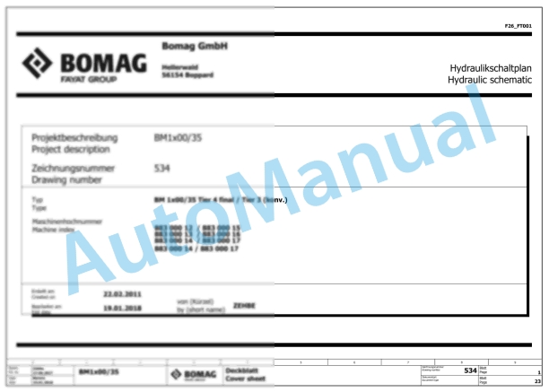 Bomag BM 1300-35 TE Road Milling Machine Electric, Hydraulic Schematics Diagram 101883231001 - 101883239999