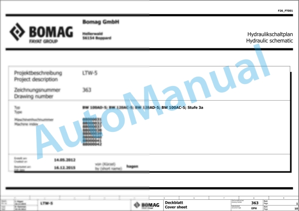 Bomag BW 125 AD-5 Tandem Vibratory Rollers Electric, Hydraulic Schematics Diagram 961880671001 - 961880679999