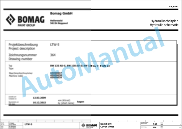 Bomag BW 135 AD-5 Tandem Vibratory Rollers Electric, Hydraulic Schematics Diagram 101650391001 - 101650399999 1 Bomag BW 135 AD-5 Tandem Vibratory Rollers Electric, Hydraulic Schematics Diagram 101650391001 - 101650399999