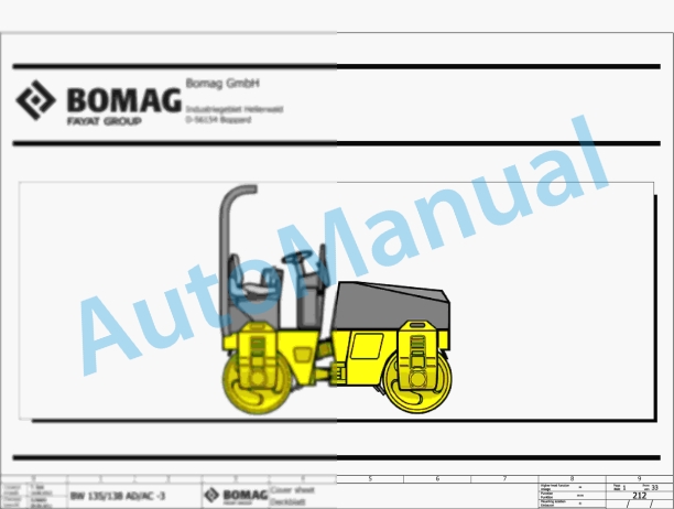 Bomag BW 138 AD Tandem Vibratory Rollers Electric, Hydraulic Schematics Diagram 101650171001 - 101650179999 1 Bomag BW 138 AD Tandem Vibratory Rollers Electric, Hydraulic Schematics Diagram 101650171001 - 101650179999