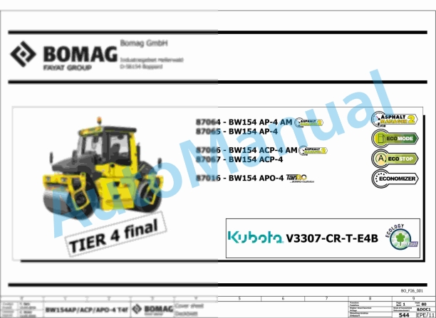 Bomag BW 154 ACP-4v Combination Rollers Electric, Hydraulic Schematics Diagram 101870871001 - 101870879999 1 Bomag BW 154 ACP-4v Combination Rollers Electric, Hydraulic Schematics Diagram 101870871001 - 101870879999
