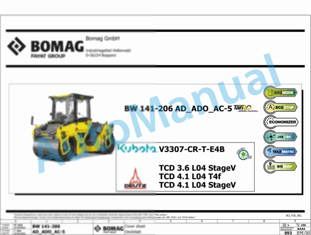 Bomag BW 190 AD-5 Tier 4 Stage V Tandem Vibratory Rollers Electric, Hydraulic Schematics Diagram 101921881001 - 101921889999