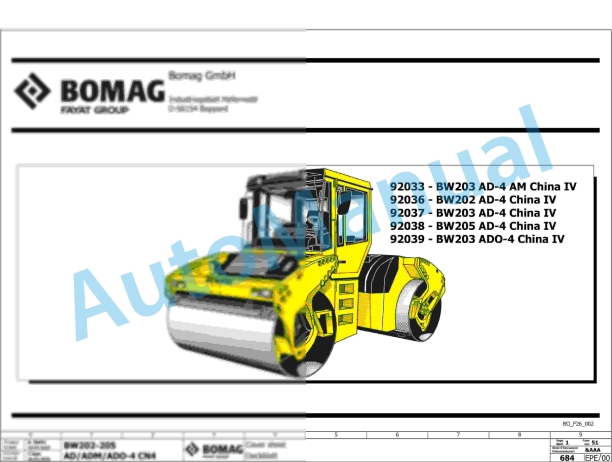 Bomag BW 203 AD-4 CC Tandem Vibratory Rollers Electric, Hydraulic Schematics Diagram 961920371002 - 961920379999 1 Bomag BW 203 AD-4 CC Tandem Vibratory Rollers Electric, Hydraulic Schematics Diagram 961920371002 - 961920379999