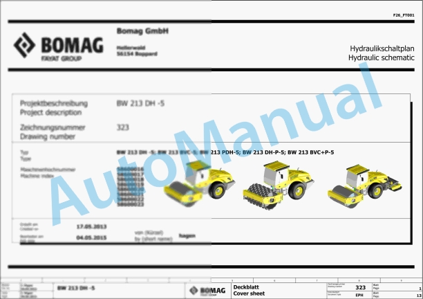 Bomag BW 213 PDH-5 Single Drum Vibratory Rollers Electric, Hydraulic Schematics Diagram 101586181001 - 101586189999