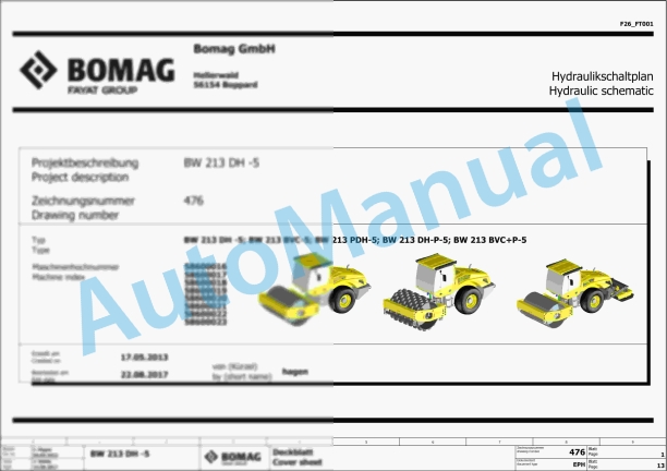 Bomag BW 213 PDH-5 Single Drum Vibratory Rollers Electric, Hydraulic Schematics Diagram 101587511001 - 101587519999