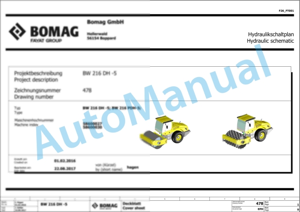 Bomag BW 216 DH-5 Single Drum Vibratory Rollers Electric, Hydraulic Schematics Diagram 101587571001 - 101587579999