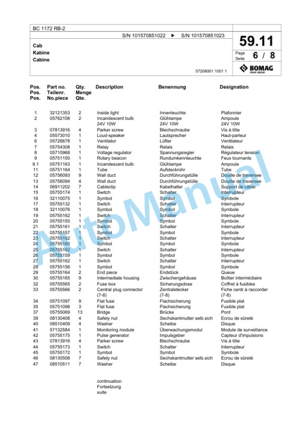 Bomag BC 1172 RB-2 Sanitary Landfill Compactor Spare Parts Catalogue 00824625 2 Bomag BC 1172 RB-2 Sanitary Landfill Compactor Spare Parts Catalogue 00824625-2