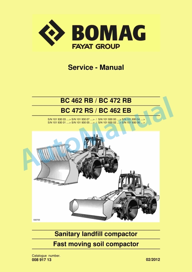 Bomag BC 462 RB, BC 472 RB, BC 472 RS, BC 462 EB Sanitary Landfill Compactor Service Manual 00891713