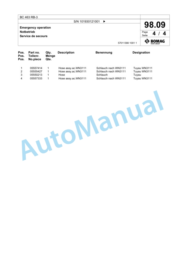 Bomag BC 463 RB-3 Sanitary Landfill Compactor Spare Parts Catalogue 00825133 4 Bomag BC 463 RB-3 Sanitary Landfill Compactor Spare Parts Catalogue 00825133-4