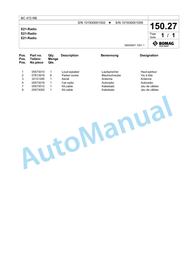 Bomag BC 472 RB Sanitary Landfill Compactor Spare Parts Catalogue 00818439 5 Bomag BC 472 RB Sanitary Landfill Compactor Spare Parts Catalogue 00818439-5