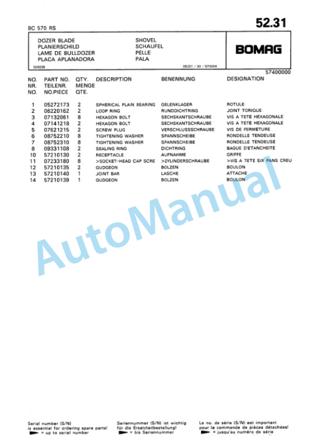 Bomag BC 570 RS Sanitary Landfill Compactor Spare Parts Catalogue 00818801-3