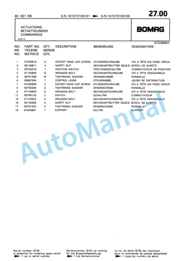 Bomag BC 601 RB Sanitary Landfill Compactor Spare Parts Catalogue 00816011 3 Bomag BC 601 RB Sanitary Landfill Compactor Spare Parts Catalogue 00816011-3