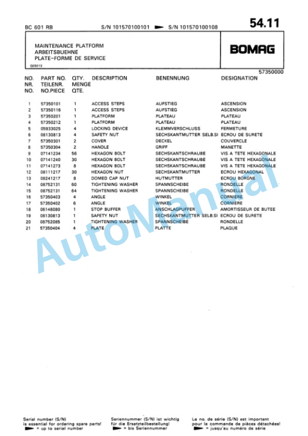 Bomag BC 601 RB Sanitary Landfill Compactor Spare Parts Catalogue 00816011 5 Bomag BC 601 RB Sanitary Landfill Compactor Spare Parts Catalogue 00816011-5