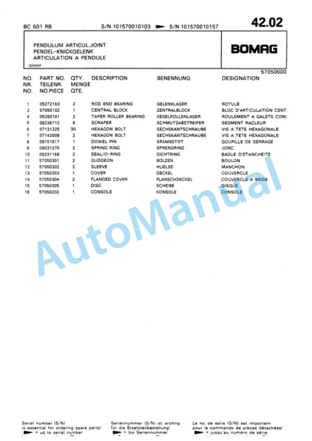 Bomag BC 601 RB Sanitary Landfill Compactor Spare Parts Catalogue 00816012 3 Bomag BC 601 RB Sanitary Landfill Compactor Spare Parts Catalogue 00816012-3