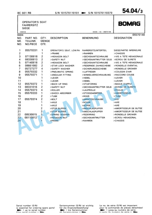 Bomag BC 601 RB Sanitary Landfill Compactor Spare Parts Catalogue 00816013 3 Bomag BC 601 RB Sanitary Landfill Compactor Spare Parts Catalogue 00816013-3