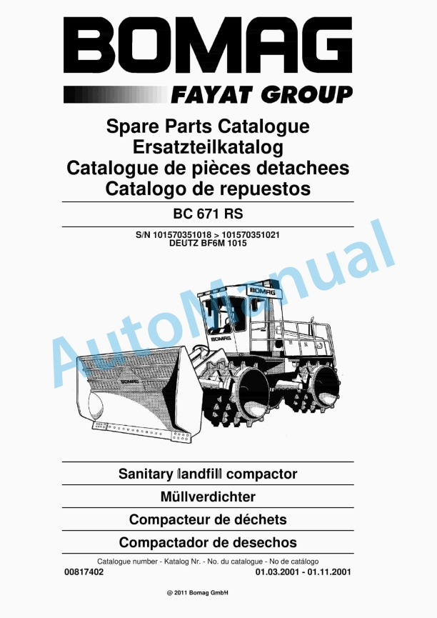 Bomag BC 671 RS Sanitary Landfill Compactor Spare Parts Catalogue 00817402