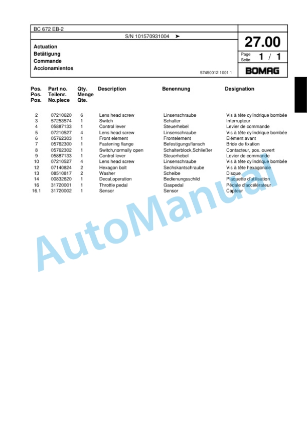 Bomag BC 672 EB-2 Soil Compacter Spare Parts Catalogue 00818189 2 Bomag BC 672 EB-2 Soil Compacter Spare Parts Catalogue 00818189-2