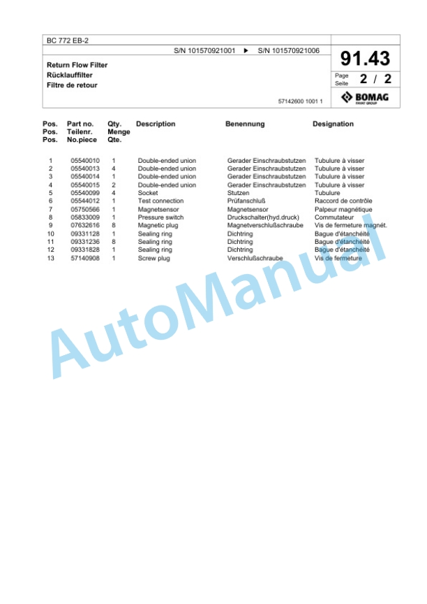Bomag BC 772 EB-2 Soil Compacter Spare Parts Catalogue 00818187 3 Bomag BC 772 EB-2 Soil Compacter Spare Parts Catalogue 00818187-3