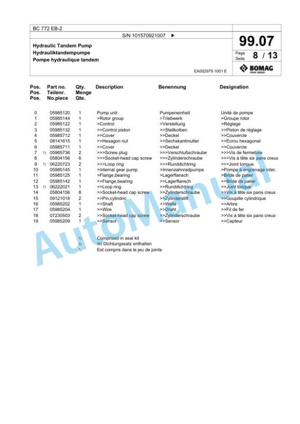 Bomag BC 772 EB-2 Soil Compacter Spare Parts Catalogue 00818187 4 Bomag BC 772 EB-2 Soil Compacter Spare Parts Catalogue 00818187-4
