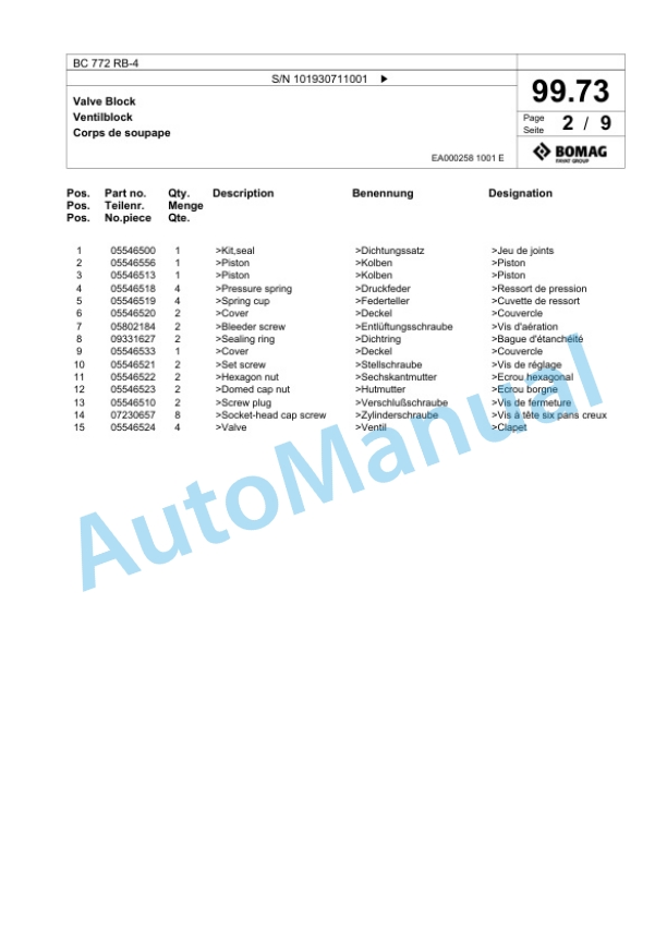 Bomag BC 772 RB-4 Sanitary Landfill Compactor Spare Parts Catalogue 00825765 4 Bomag BC 772 RB-4 Sanitary Landfill Compactor Spare Parts Catalogue 00825765-4
